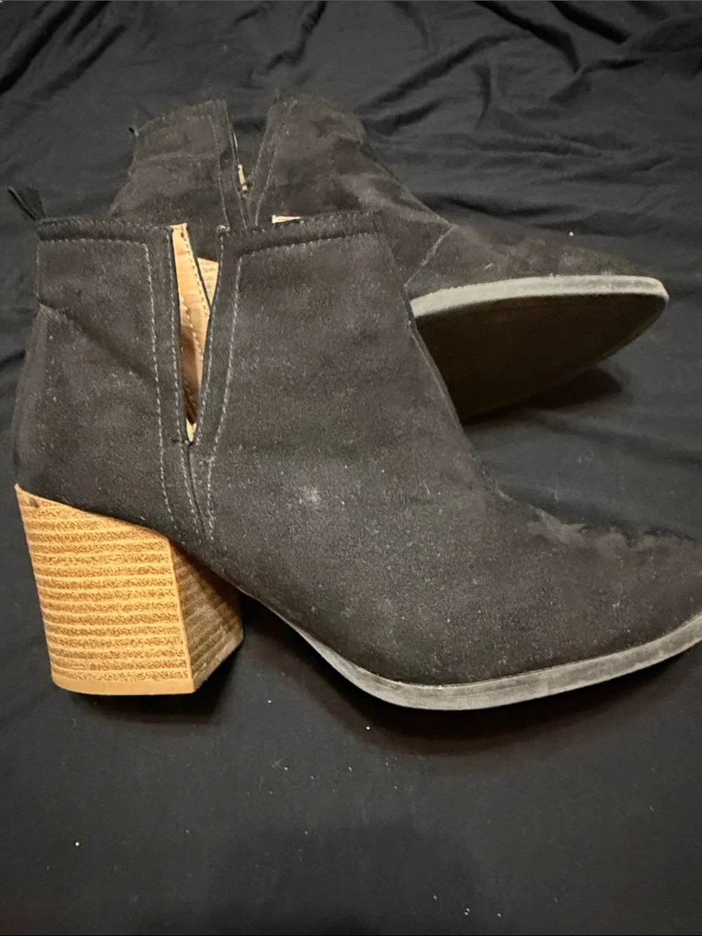 Qupid Black Suede Ankle Booties with Stacked Wood Heel